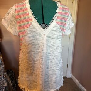 POL White and Pink Striped Lace Trim Sleeveless Tank NWOT